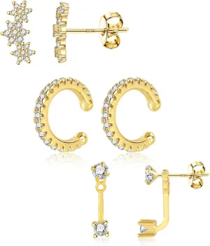 3 Pairs Sterling Silver Earrings for Women Trendy Silver Stud Hoop Earrings Stacks for Multiple Piercing Dainty Cartilage Huggie Hoop Earrings Hypoallergenic Small Cubic Zirconia Stud Hoop Earrings Set