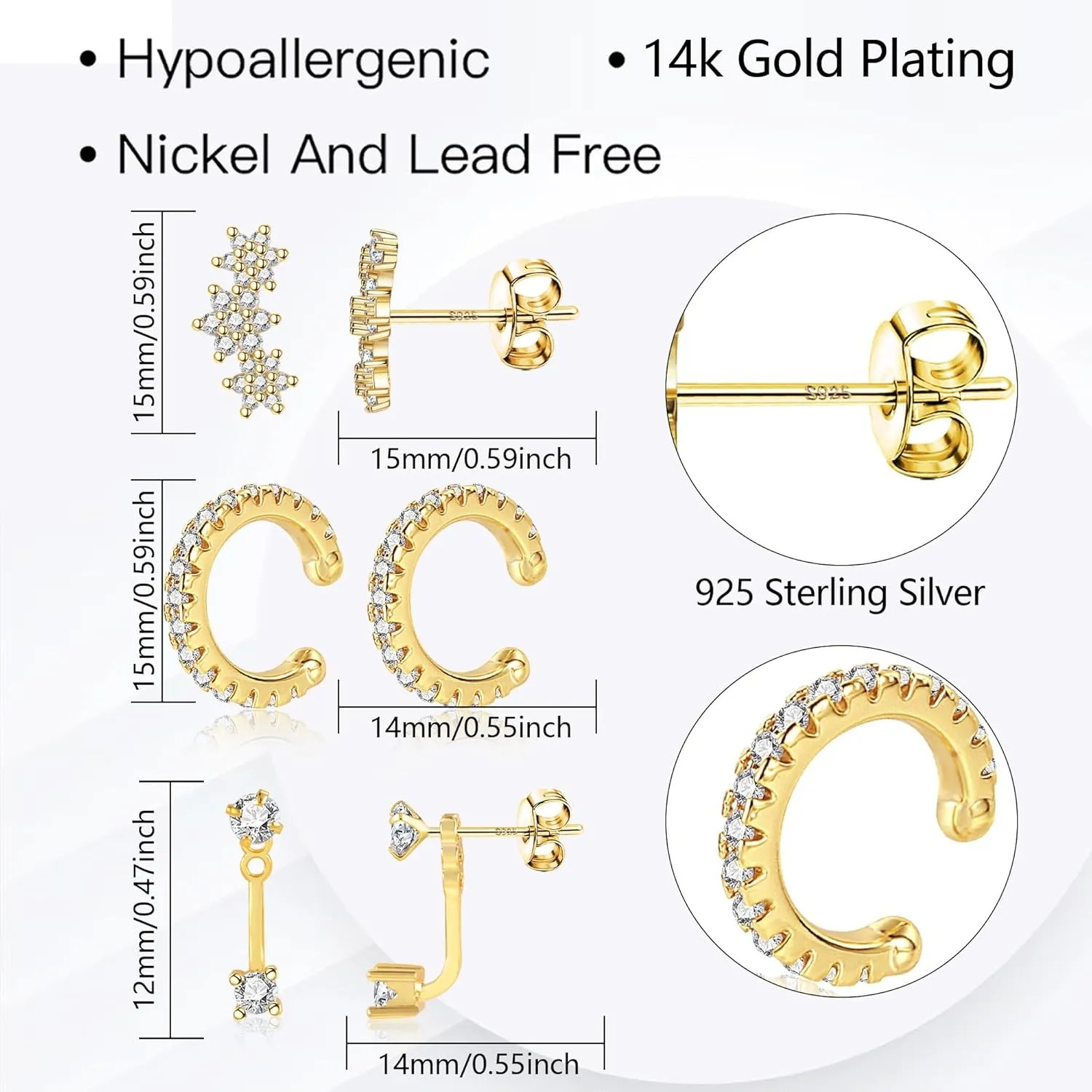 3 Pairs Sterling Silver Earrings for Women Trendy Silver Stud Hoop Earrings Stacks for Multiple Piercing Dainty Cartilage Huggie Hoop Earrings Hypoallergenic Small Cubic Zirconia Stud Hoop Earrings Set