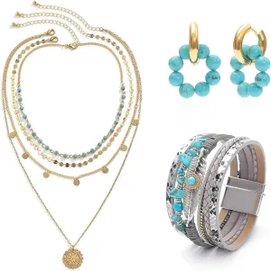 3 Pcs Western Jewelry for Women Bohemian Set, Gold Layered Necklace for Women, Faux Leather Layered Bracelet, Turquoise Beaded Huggie Hoop Earrings