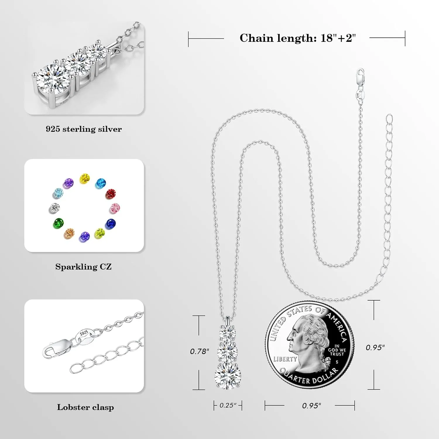 3 Stone Pendant Necklace 925 Sterling Silver,Cubic Zirconia Necklace, Birthstone Necklace,Mothers Jewelry Pendant Necklace,Gift for Mom Grandma Her Wife,18 2" Chain