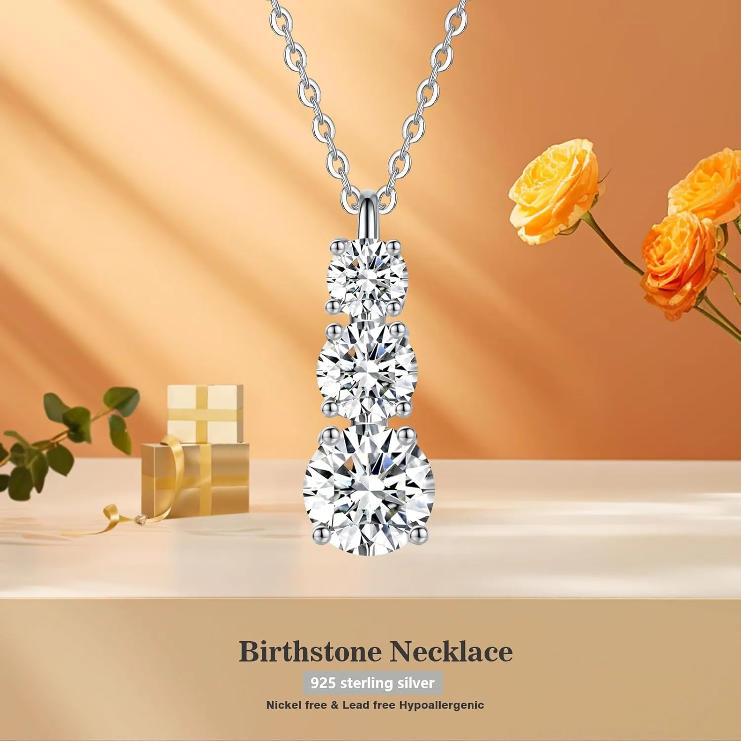 3 Stone Pendant Necklace 925 Sterling Silver,Cubic Zirconia Necklace, Birthstone Necklace,Mothers Jewelry Pendant Necklace,Gift for Mom Grandma Her Wife,18 2" Chain