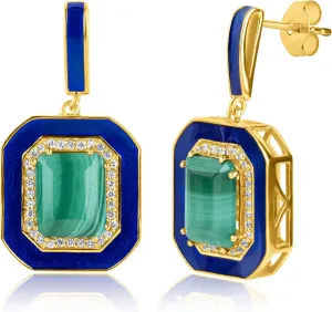 32MM Big Gemstone Statement Dangle Earrings with Enamel and White Sappire Accents | 14k Gold over Sterling Silver Hypoallergenic Statement Earrings by MAX   STONE