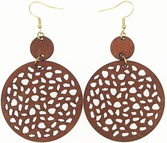 3Pair Wooden Eaarrings For Women,Fall Boho Vintage Western Drop Dangle Round Star Heart Hollow Earrings Statement Lightweight Jewelry