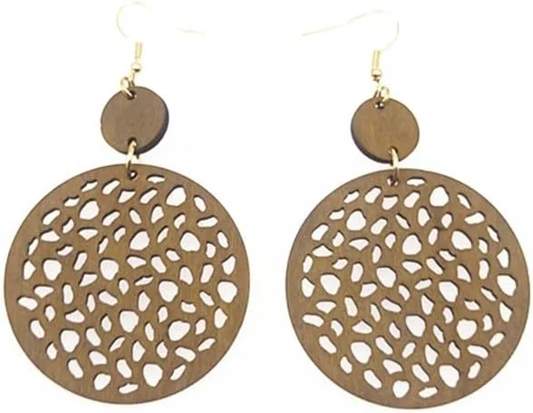 3Pair Wooden Eaarrings For Women,Fall Boho Vintage Western Drop Dangle Round Star Heart Hollow Earrings Statement Lightweight Jewelry