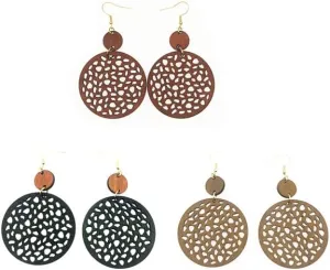 3Pair Wooden Eaarrings For Women,Fall Boho Vintage Western Drop Dangle Round Star Heart Hollow Earrings Statement Lightweight Jewelry