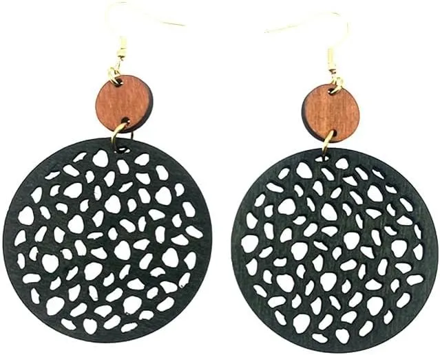 3Pair Wooden Eaarrings For Women,Fall Boho Vintage Western Drop Dangle Round Star Heart Hollow Earrings Statement Lightweight Jewelry