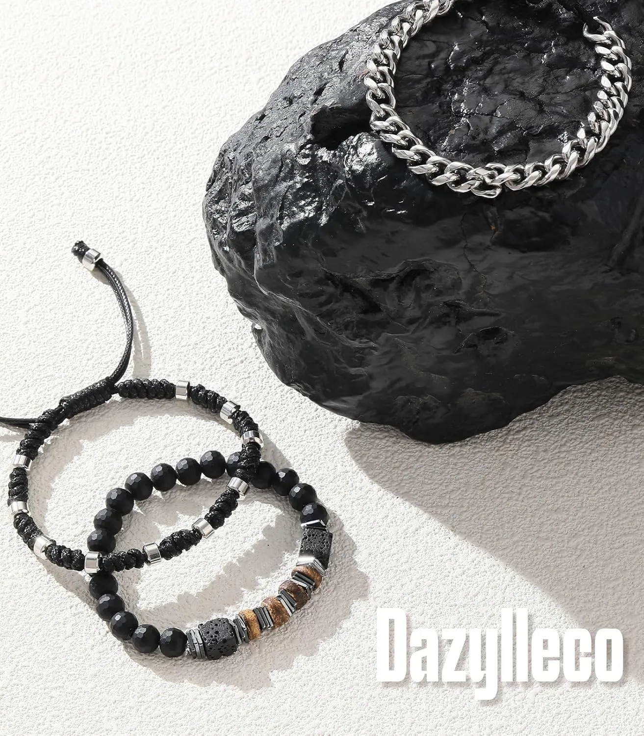 3pc Mens Beaded Bracelets Silver Stainless Steel Chain Bracelet for Men Handmade Braided Bracelet Sets Jewelry Gifts for Men