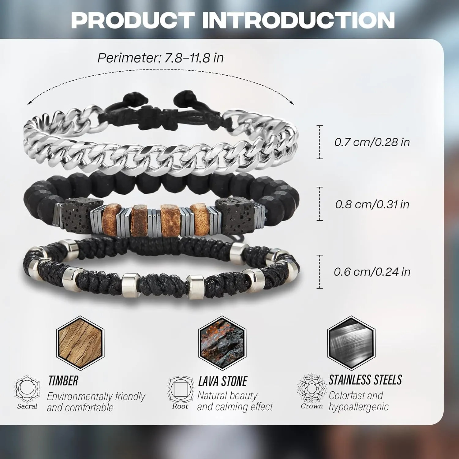 3pc Mens Beaded Bracelets Silver Stainless Steel Chain Bracelet for Men Handmade Braided Bracelet Sets Jewelry Gifts for Men