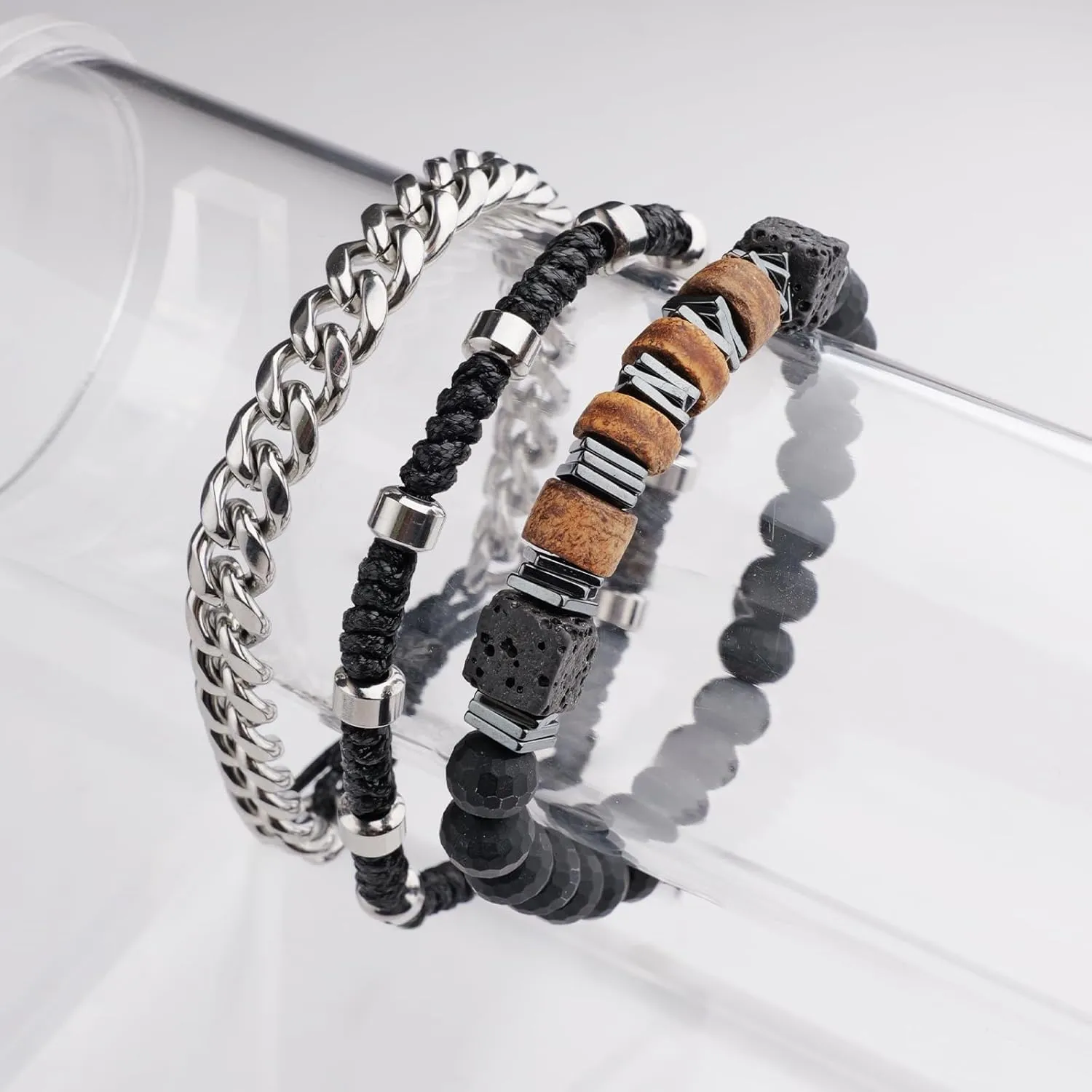 3pc Mens Beaded Bracelets Silver Stainless Steel Chain Bracelet for Men Handmade Braided Bracelet Sets Jewelry Gifts for Men