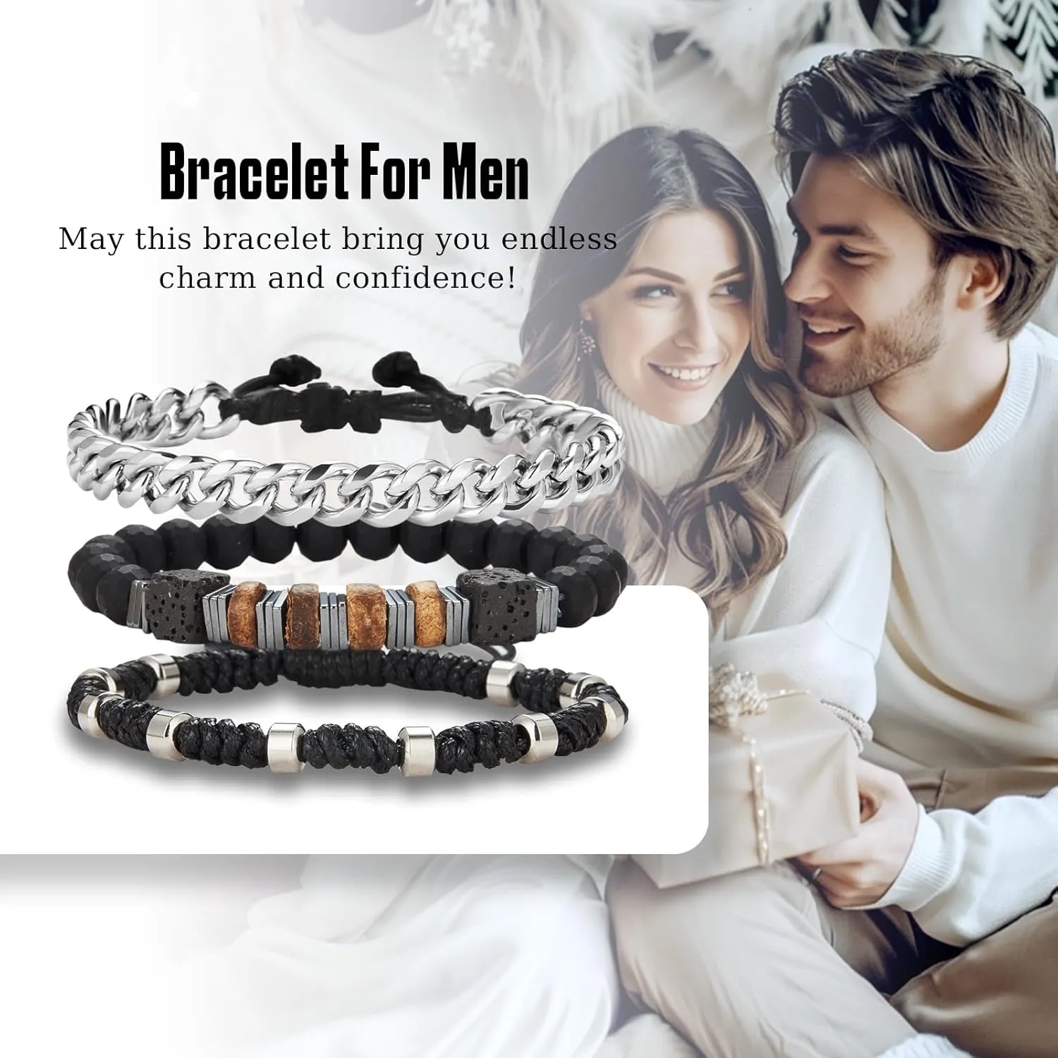 3pc Mens Beaded Bracelets Silver Stainless Steel Chain Bracelet for Men Handmade Braided Bracelet Sets Jewelry Gifts for Men
