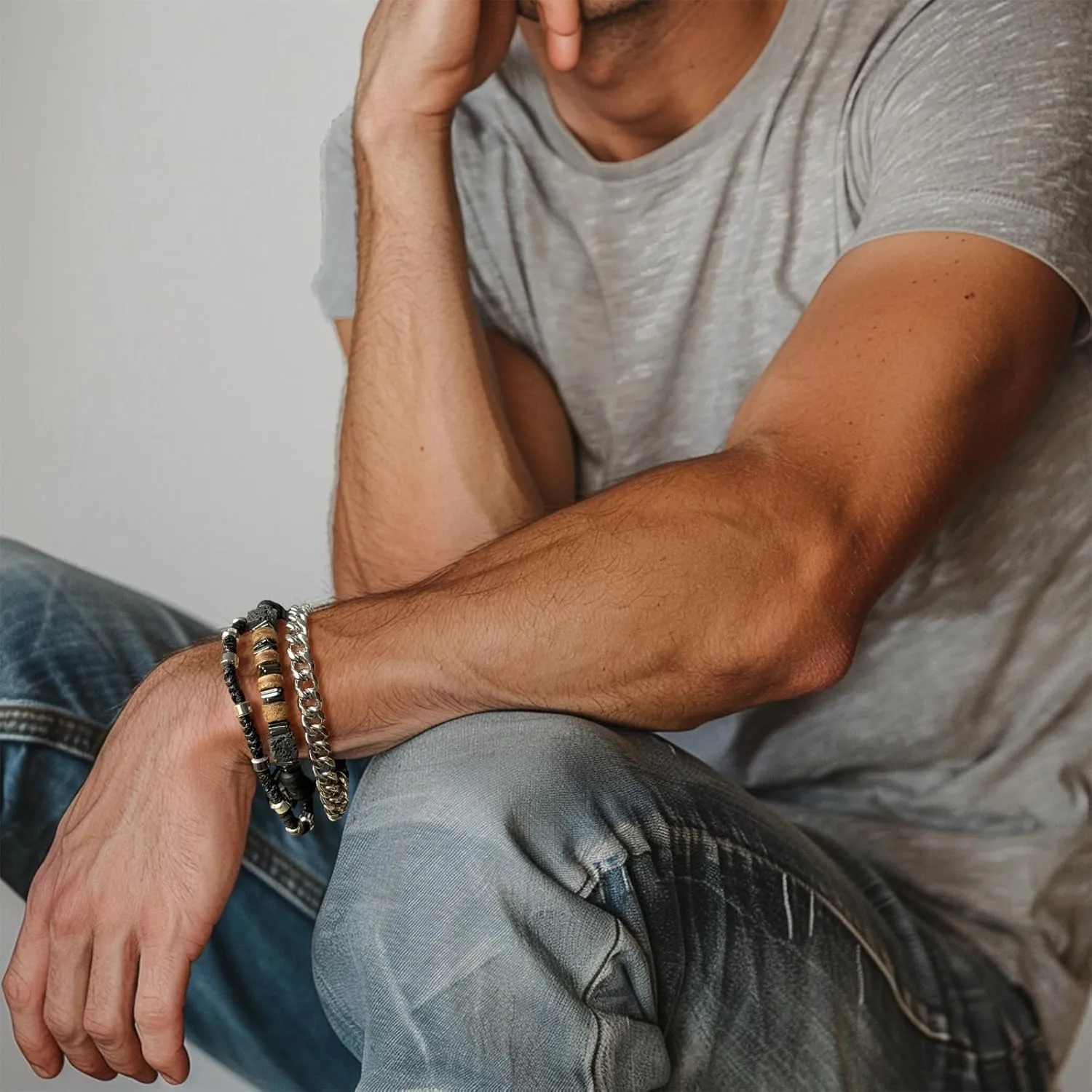 3pc Mens Beaded Bracelets Silver Stainless Steel Chain Bracelet for Men Handmade Braided Bracelet Sets Jewelry Gifts for Men