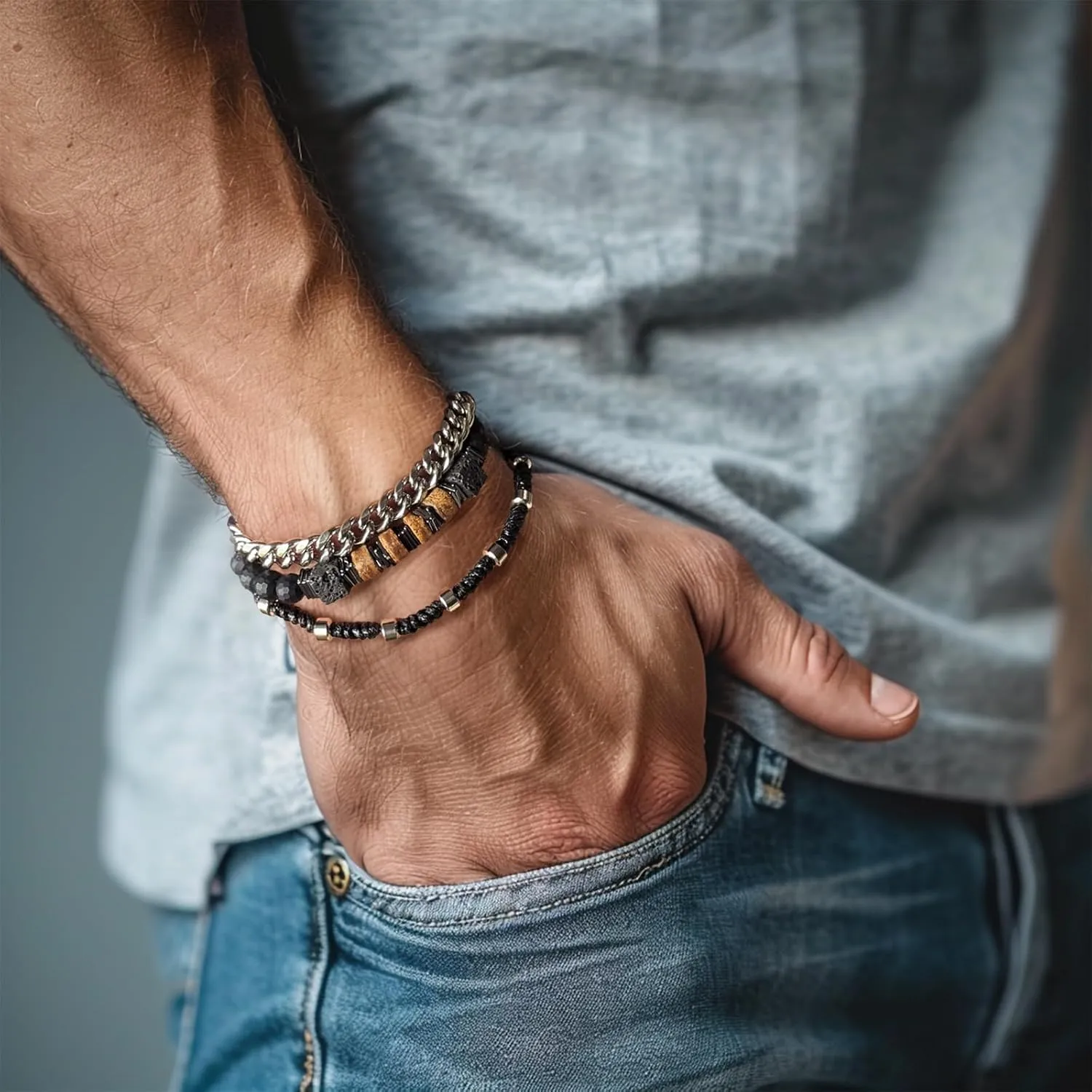 3pc Mens Beaded Bracelets Silver Stainless Steel Chain Bracelet for Men Handmade Braided Bracelet Sets Jewelry Gifts for Men
