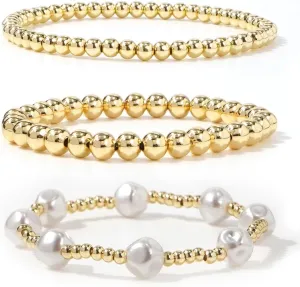 3PCS Dainty Gold Plated Beaded Pearl Stretch Bracelet Set for Women,Handmade Boho Gold Beads Stackable Bracelet Statement Fashion Prom Jewelry Gift Friendship