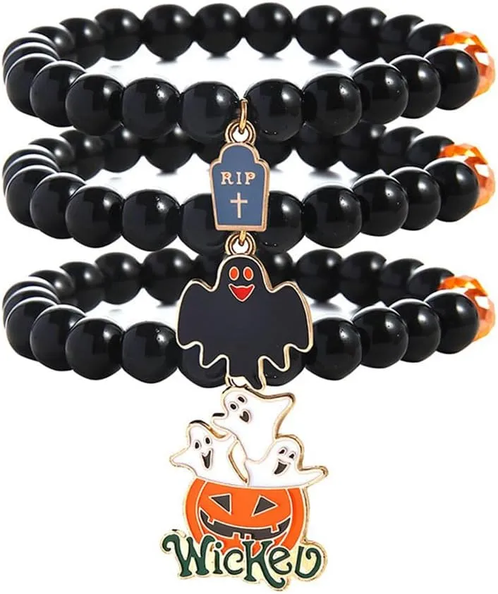 3Pcs Halloween Stackable Glass Beaded Bracelets Set Black Red Orange Round Beads Wicked Pumpkin Ghost Bat Charm Bracelets for Women Men Costume Party Stretch Friendship Bracelet Gift