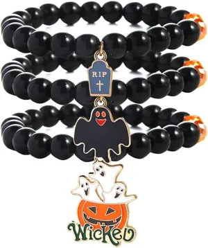 3Pcs Halloween Stackable Glass Beaded Bracelets Set Black Red Orange Round Beads Wicked Pumpkin Ghost Bat Charm Bracelets for Women Men Costume Party Stretch Friendship Bracelet Gift