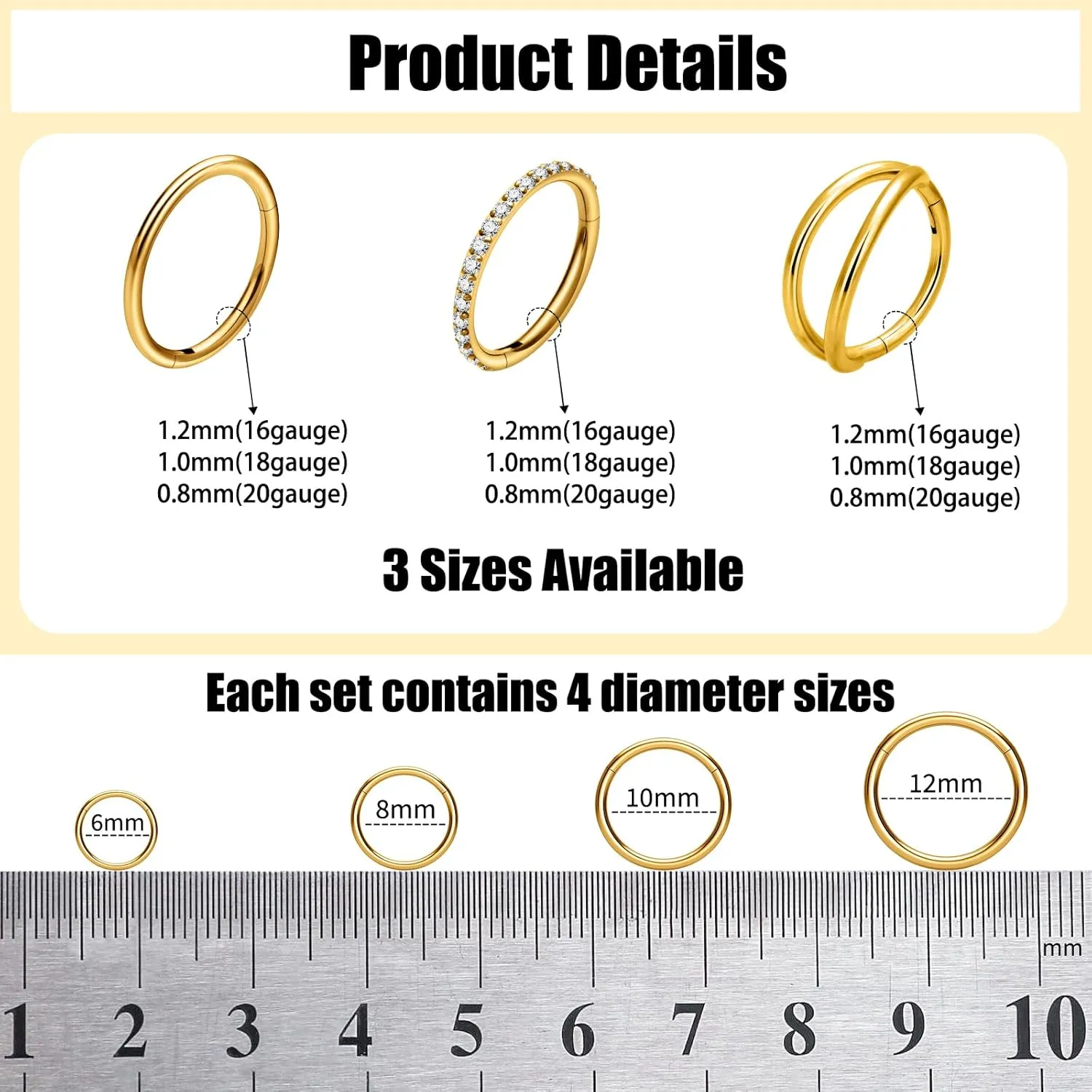 3Pcs Surgical Steel Nose Rings Hoops&Hoop Helix Cartilage Daith Tragus Sleeper Earrings  16G/18G/20G Hinged CZ Septum Rings