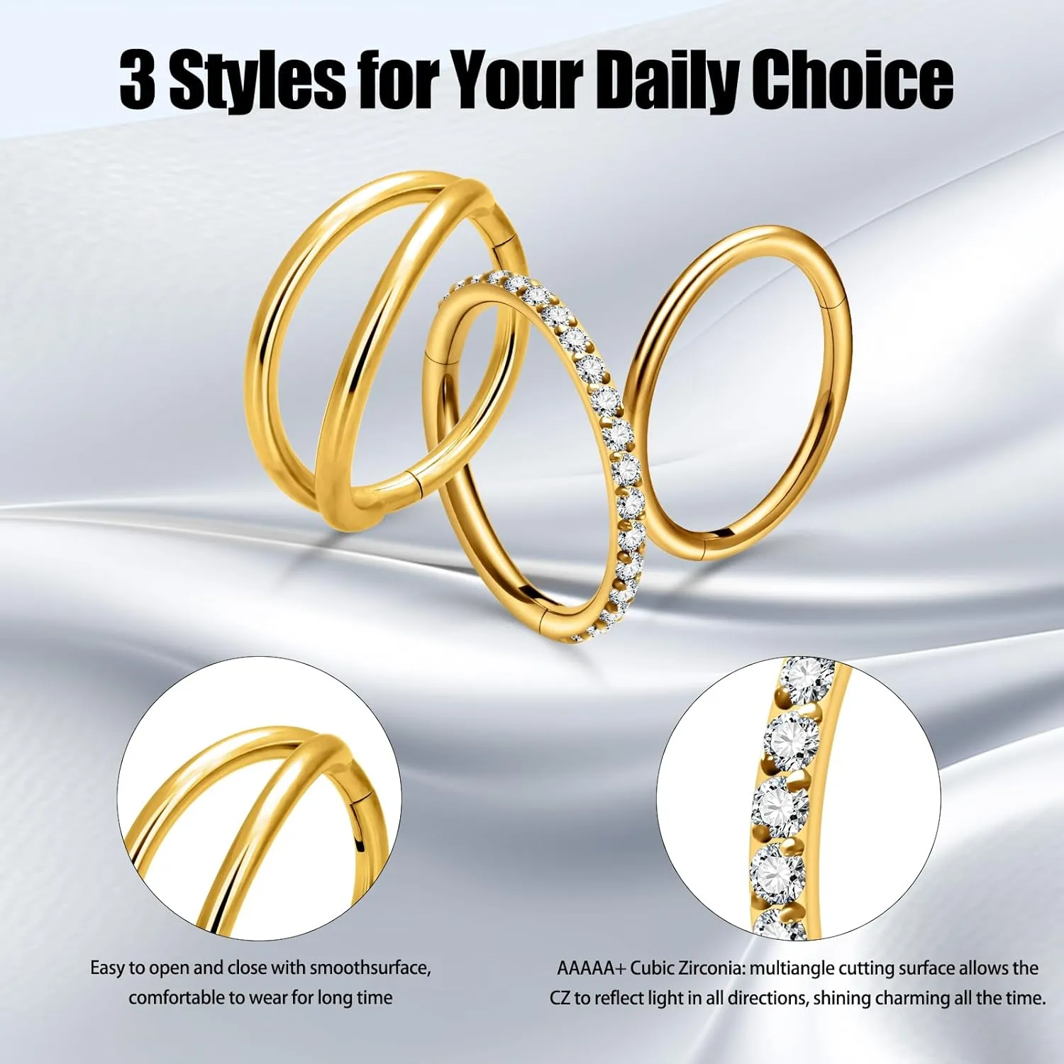 3Pcs Surgical Steel Nose Rings Hoops&Hoop Helix Cartilage Daith Tragus Sleeper Earrings  16G/18G/20G Hinged CZ Septum Rings