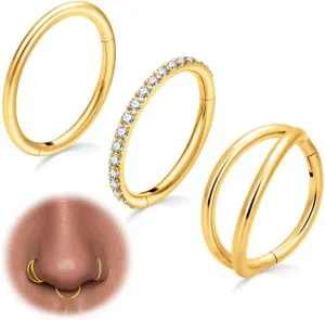 3Pcs Surgical Steel Nose Rings Hoops&Hoop Helix Cartilage Daith Tragus Sleeper Earrings  16G/18G/20G Hinged CZ Septum Rings