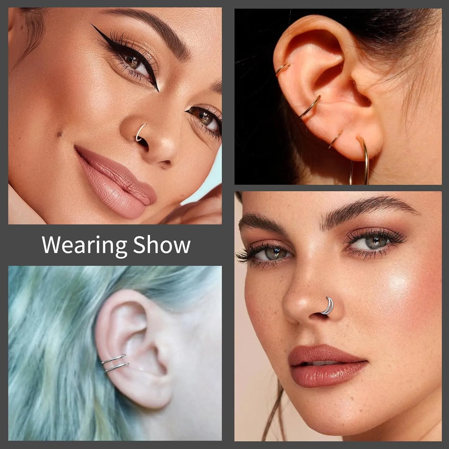 3Pcs Surgical Steel Nose Rings Hoops&Hoop Helix Cartilage Daith Tragus Sleeper Earrings  16G/18G/20G Hinged CZ Septum Rings