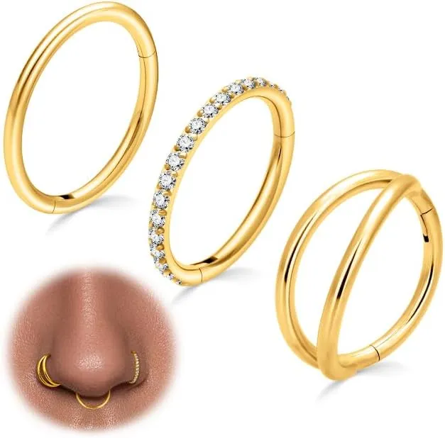 3Pcs Surgical Steel Nose Rings Hoops&Hoop Helix Cartilage Daith Tragus Sleeper Earrings  16G/18G/20G Hinged CZ Septum Rings