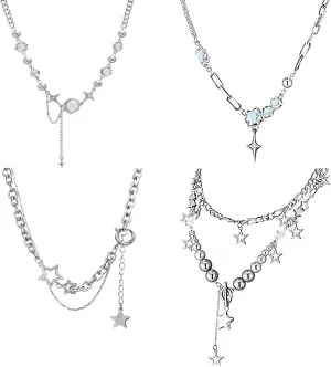 4 Pcs Y2k Double Layered Necklace Set Irregular Moonstone Collar Chain Punk Star Pendant Zircon Jewelry Silver Asymmetric Necklace Adjustable Cute Necklaces Aesthetic Vintage Jewelry