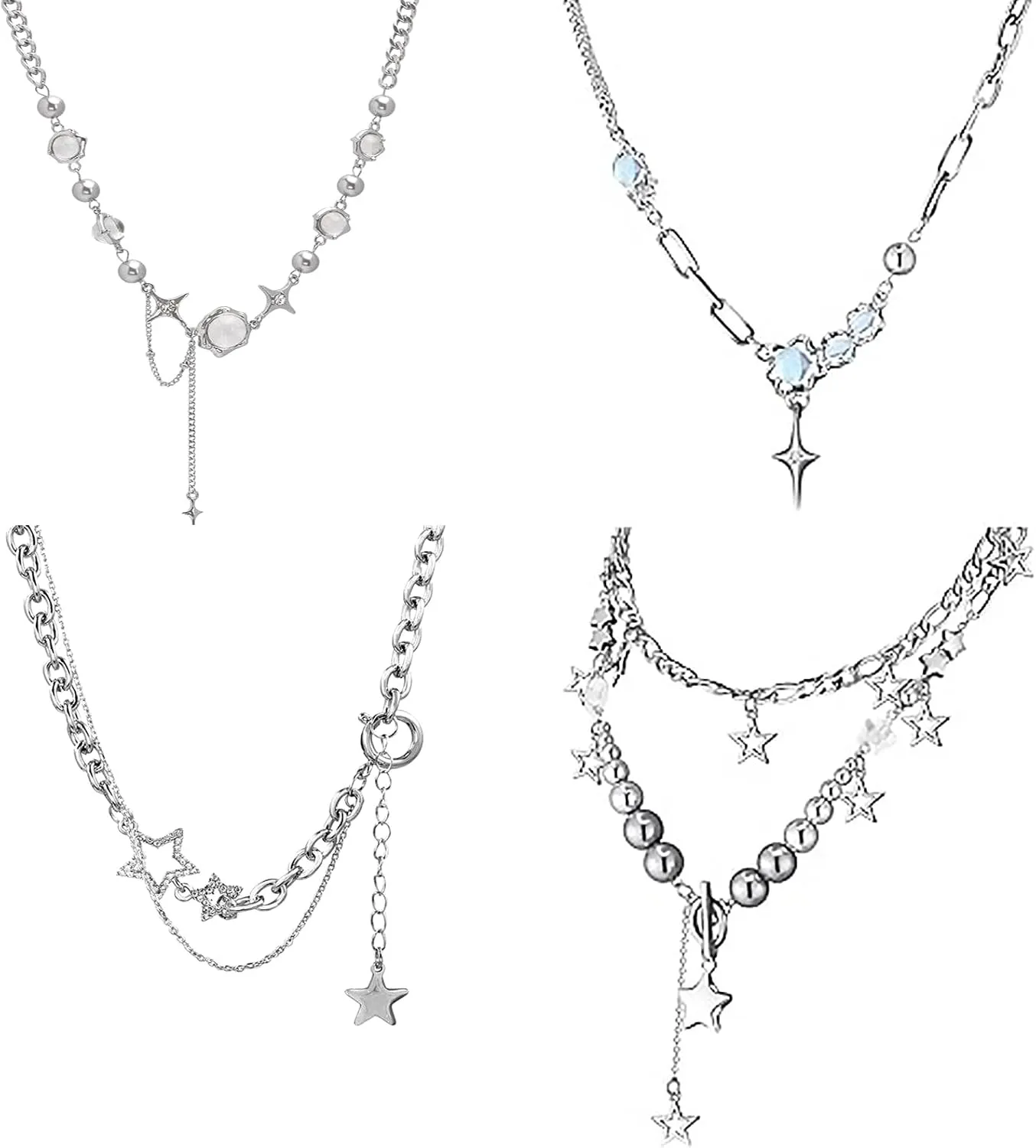 4 Pcs Y2k Double Layered Necklace Set Irregular Moonstone Collar Chain Punk Star Pendant Zircon Jewelry Silver Asymmetric Necklace Adjustable Cute Necklaces Aesthetic Vintage Jewelry