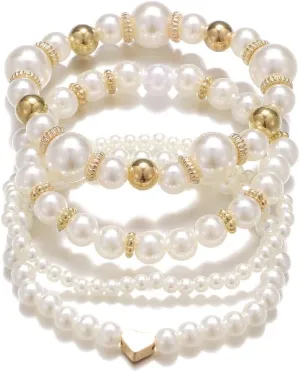 4PC Imitation Pearl Stackable Heart Bracelet Women's Jewelry