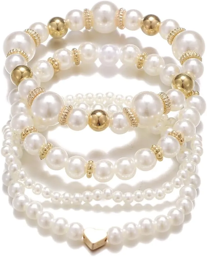 4PC Imitation Pearl Stackable Heart Bracelet Women's Jewelry