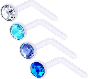 4pcs 20g 0.8mm L Nose Studs Flexible Acrylic Nostril Screw Rings Piercing 2.5mm Crystal BOAM Pick Color