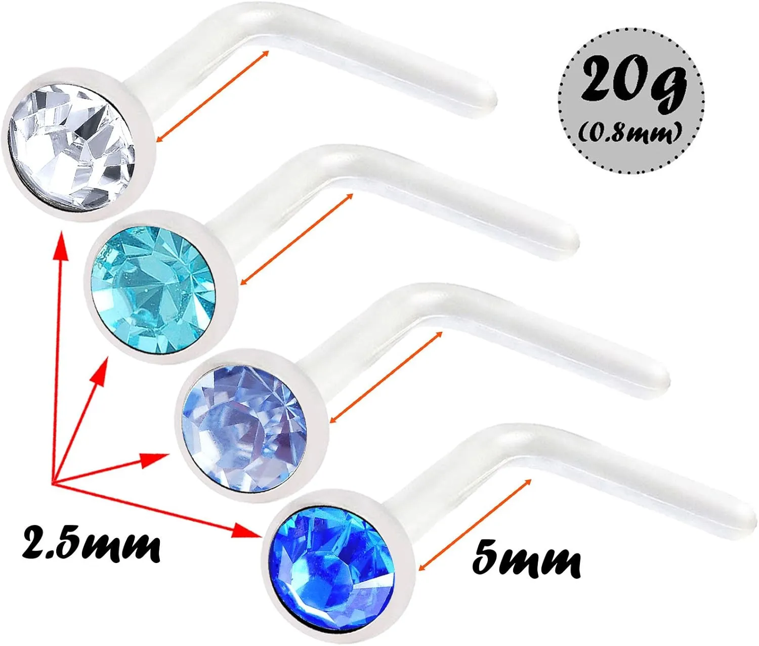 4pcs 20g 0.8mm L Nose Studs Flexible Acrylic Nostril Screw Rings Piercing 2.5mm Crystal BOAM Pick Color