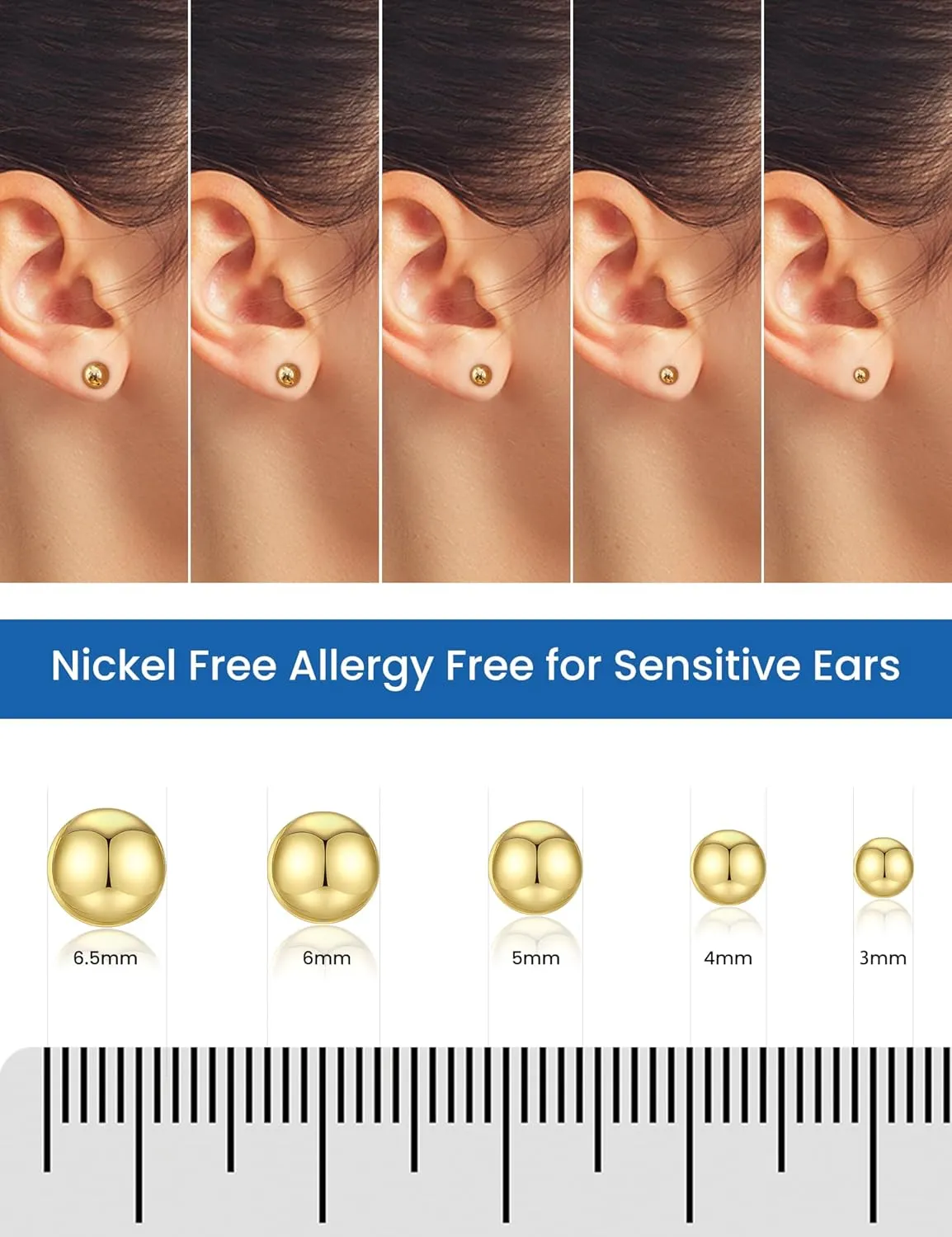 5 Pairs Hypoallergenic 316L Surgical Steel Stud Earrings Set for Women - Birthday and Valentine's Day Jewelry Gifts - Gold