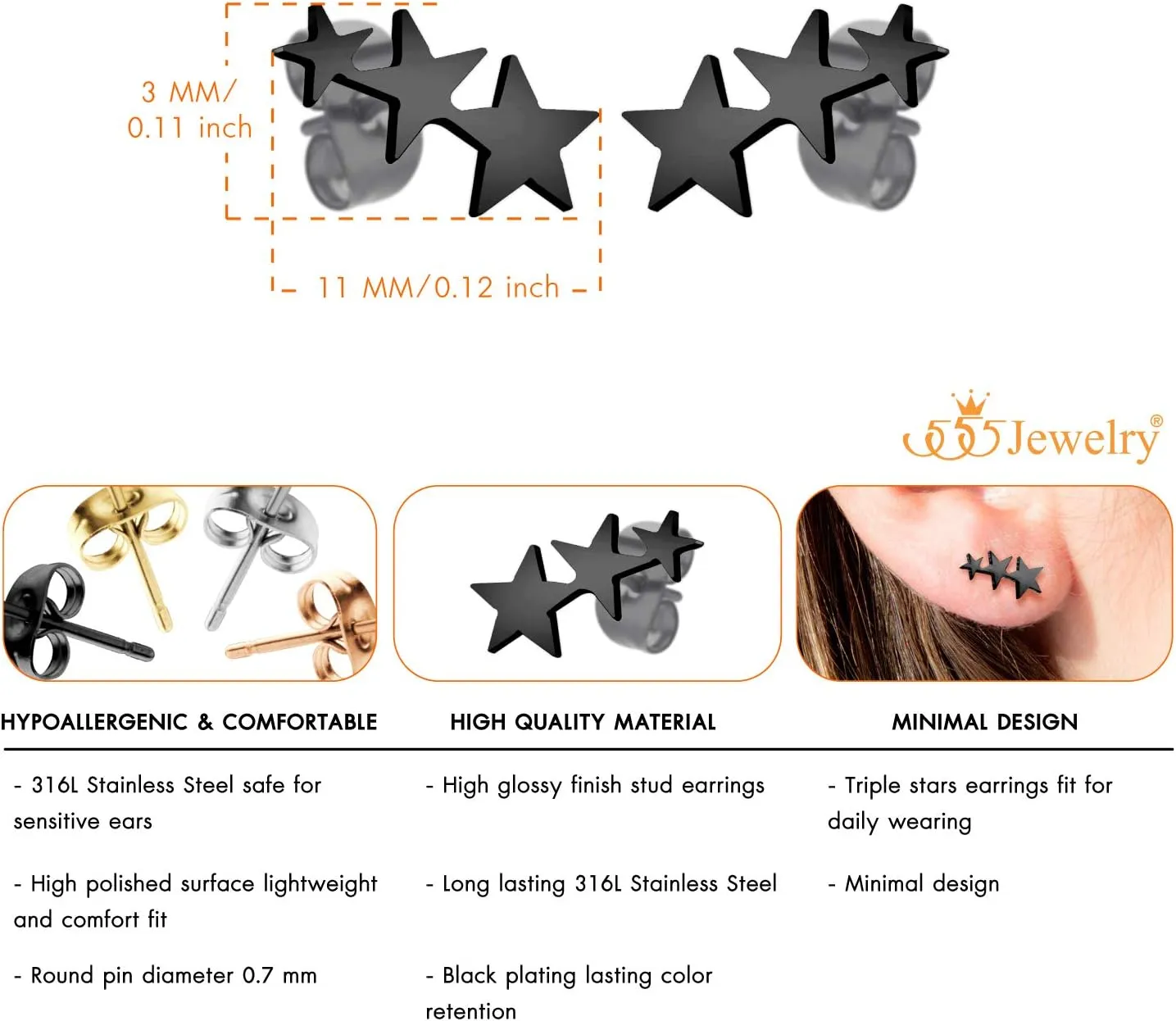555Jewelry Cute Small Tiny Triple Stars Stud Earrings for Women