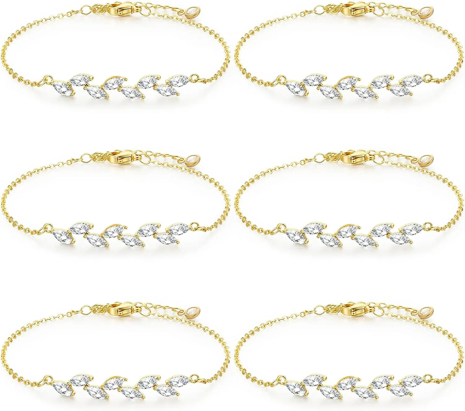 6 Pcs Bridesmaid Gifts, Dainty Bracelets, Tiny Zirconia Leaf, Adjustable Bridal Bracelet Jewelry