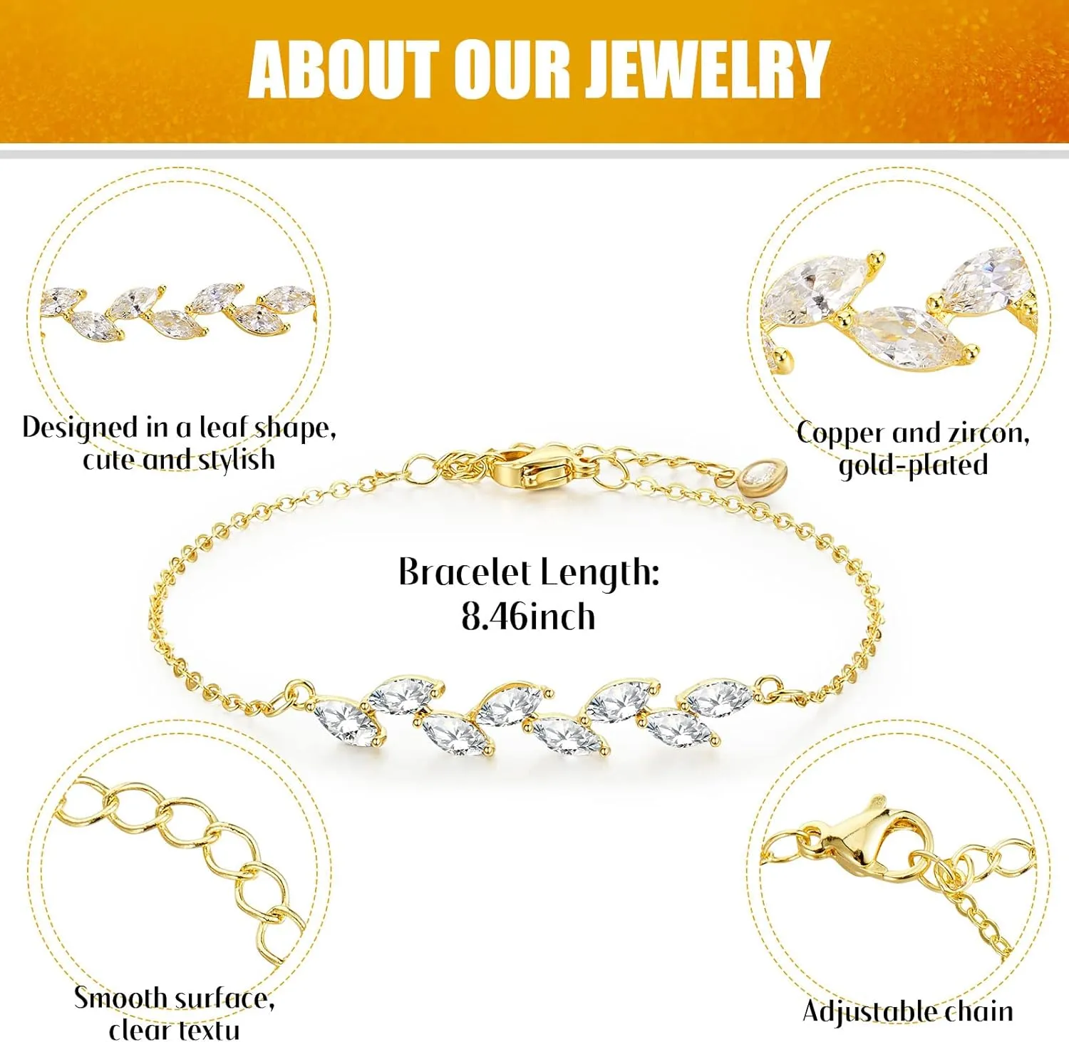 6 Pcs Bridesmaid Gifts, Dainty Bracelets, Tiny Zirconia Leaf, Adjustable Bridal Bracelet Jewelry