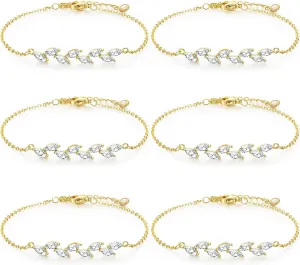 6 Pcs Bridesmaid Gifts, Dainty Bracelets, Tiny Zirconia Leaf, Adjustable Bridal Bracelet Jewelry