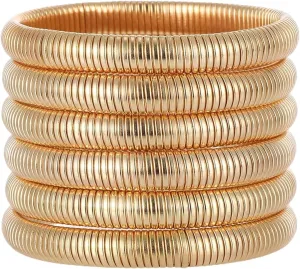 6 Pcs Gold Bangle Bracelets for Women, Stretch Chunky Gold Bracelet Non Tarnish Flexible Wide Wristband Plated Bangles Link Chain Layered Jewelry Cuff Accessories for Women