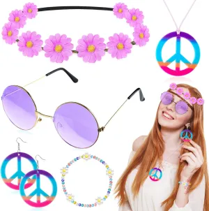 6 Pcs Hippie Costume Accessories Set, Boho Peace Sign Daisy Flower 60s 70s Party Favors Decorations for Groovy Party Girls
