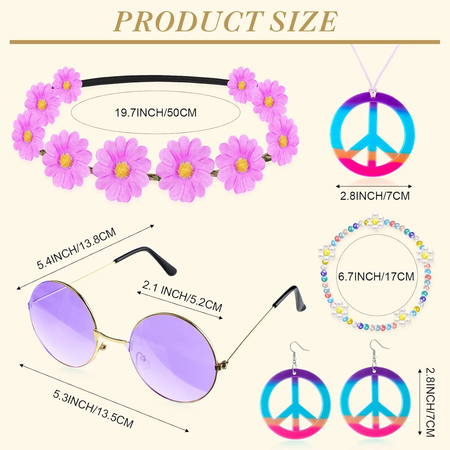 6 Pcs Hippie Costume Accessories Set, Boho Peace Sign Daisy Flower 60s 70s Party Favors Decorations for Groovy Party Girls