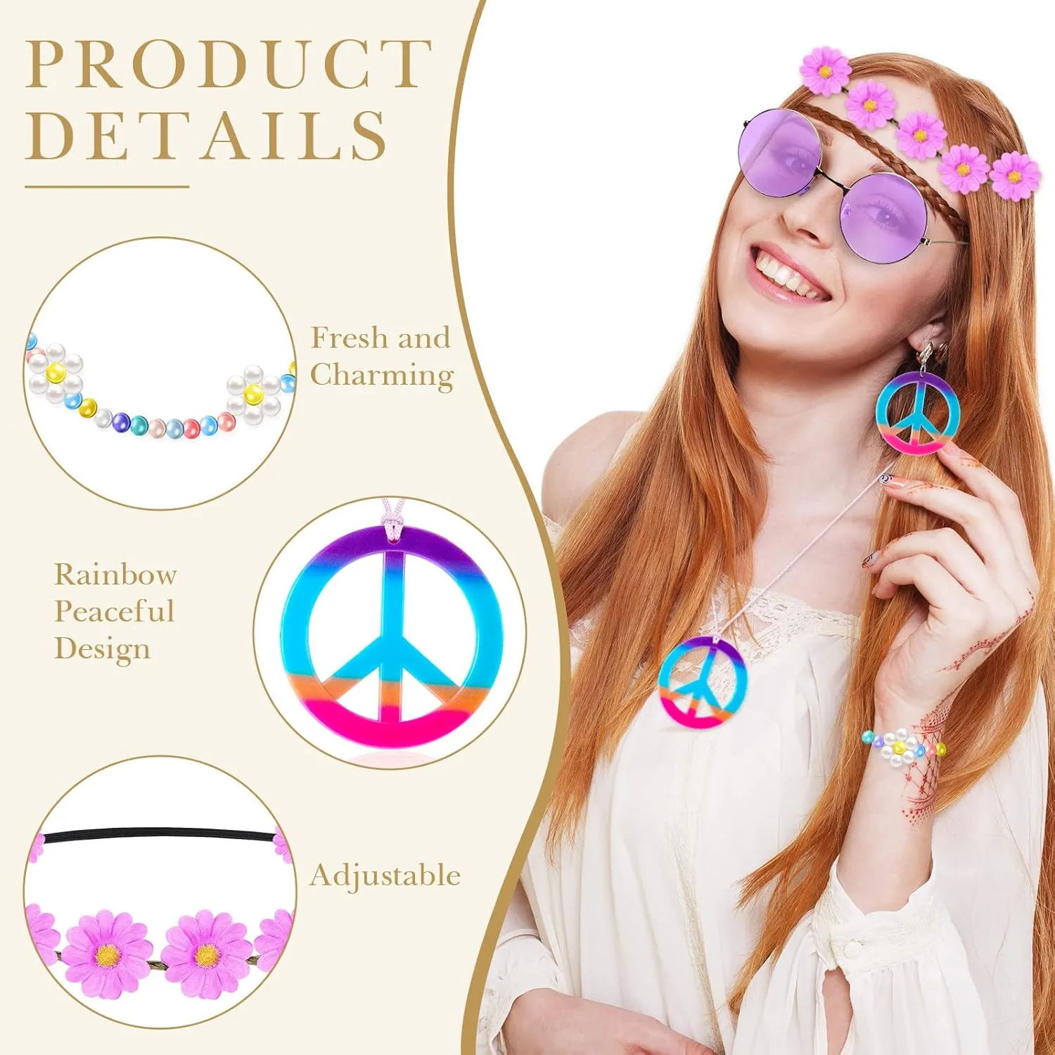 6 Pcs Hippie Costume Accessories Set, Boho Peace Sign Daisy Flower 60s 70s Party Favors Decorations for Groovy Party Girls