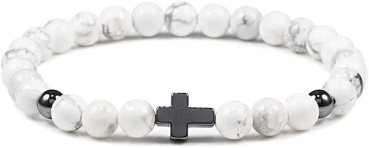 6mm 8mm Women Men Prayer Beaded Bracelet Hematite Cross Natural Wood Beads Lava Stone Onyx Meditation Bracelets Yoga Jewelry RK69I (6mm White)
