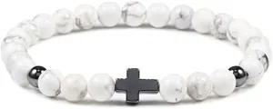 6mm 8mm Women Men Prayer Beaded Bracelet Hematite Cross Natural Wood Beads Lava Stone Onyx Meditation Bracelets Yoga Jewelry RK69I (6mm White)