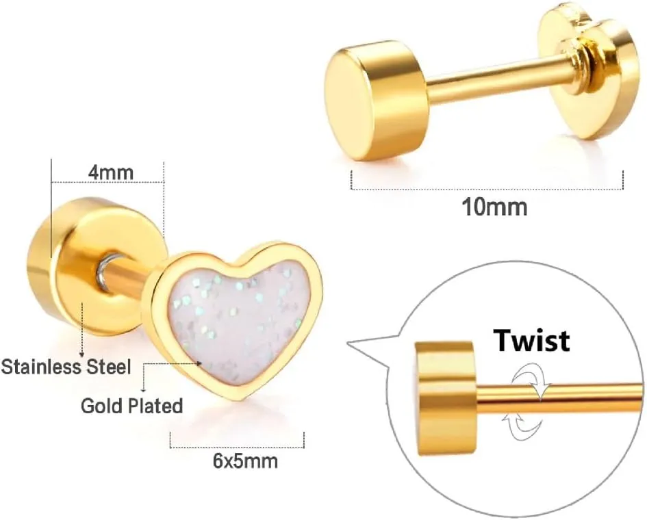 6pairs Cute Compact and Exquisite Heart Love Earrings Set Stainless Steel Gold Plated Sequins Stud Earrings Set