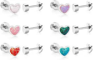 6pairs Cute Compact and Exquisite Heart Love Earrings Set Stainless Steel Gold Plated Sequins Stud Earrings Set