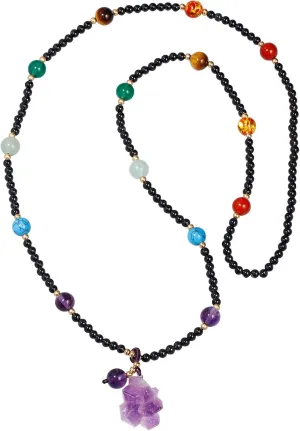 7 Chakra with Raw Quartz Amethyst Crystal Long Necklaces for Women Stones and Crystals Meditation Balance Black Agate Beaded Necklace
