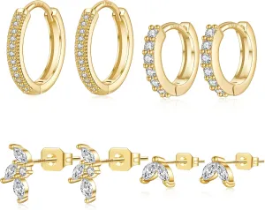 8 pcs Stack Earrings Set, 4 pairs Hypoallergenic Small Huggie Hoop Earrings, 18k Gold plated, Cubic Zirconia, Dainty Stud Earrings, Multiple Piercing, Silver posts, Trendy Jewelry for Women, Gift Box