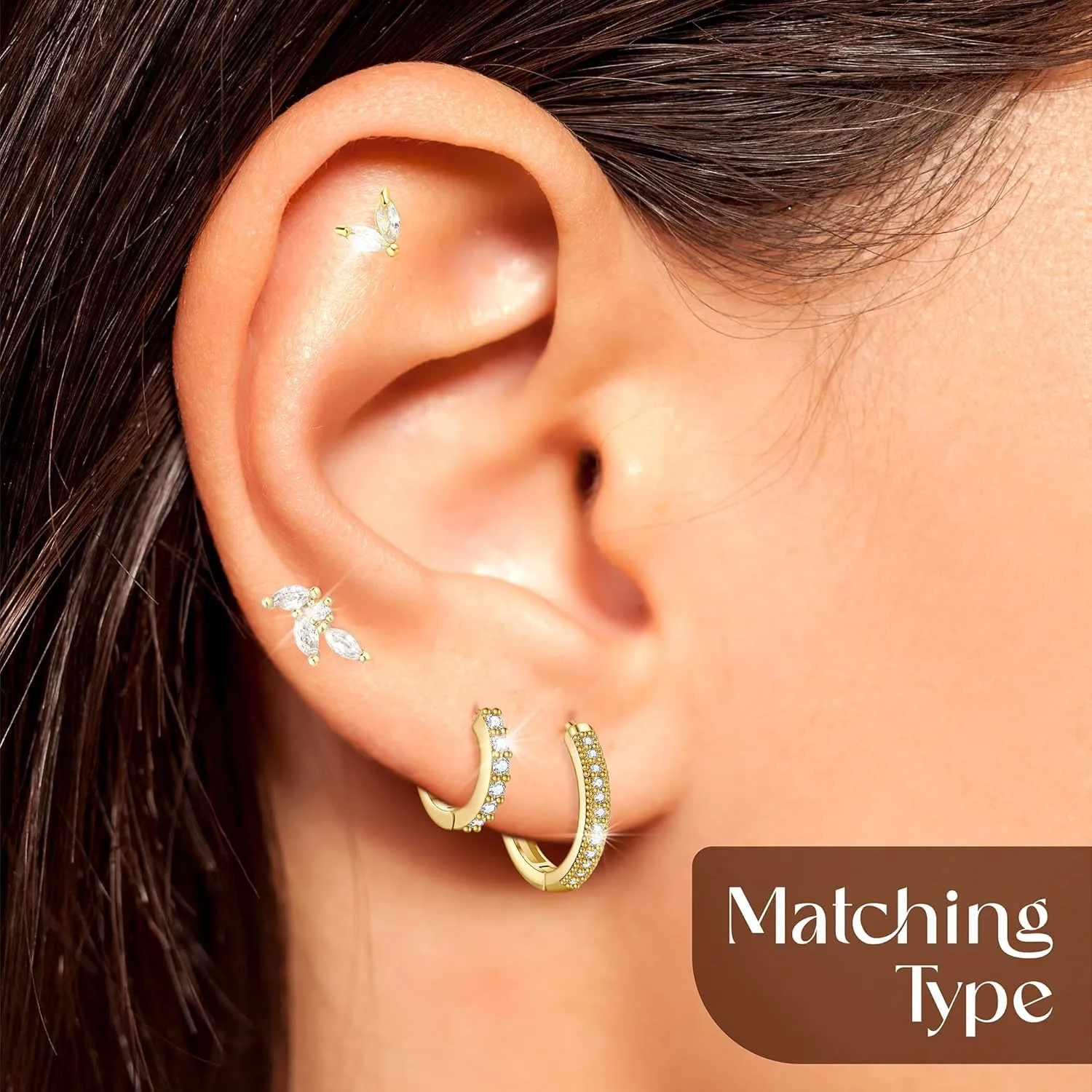 8 pcs Stack Earrings Set, 4 pairs Hypoallergenic Small Huggie Hoop Earrings, 18k Gold plated, Cubic Zirconia, Dainty Stud Earrings, Multiple Piercing, Silver posts, Trendy Jewelry for Women, Gift Box
