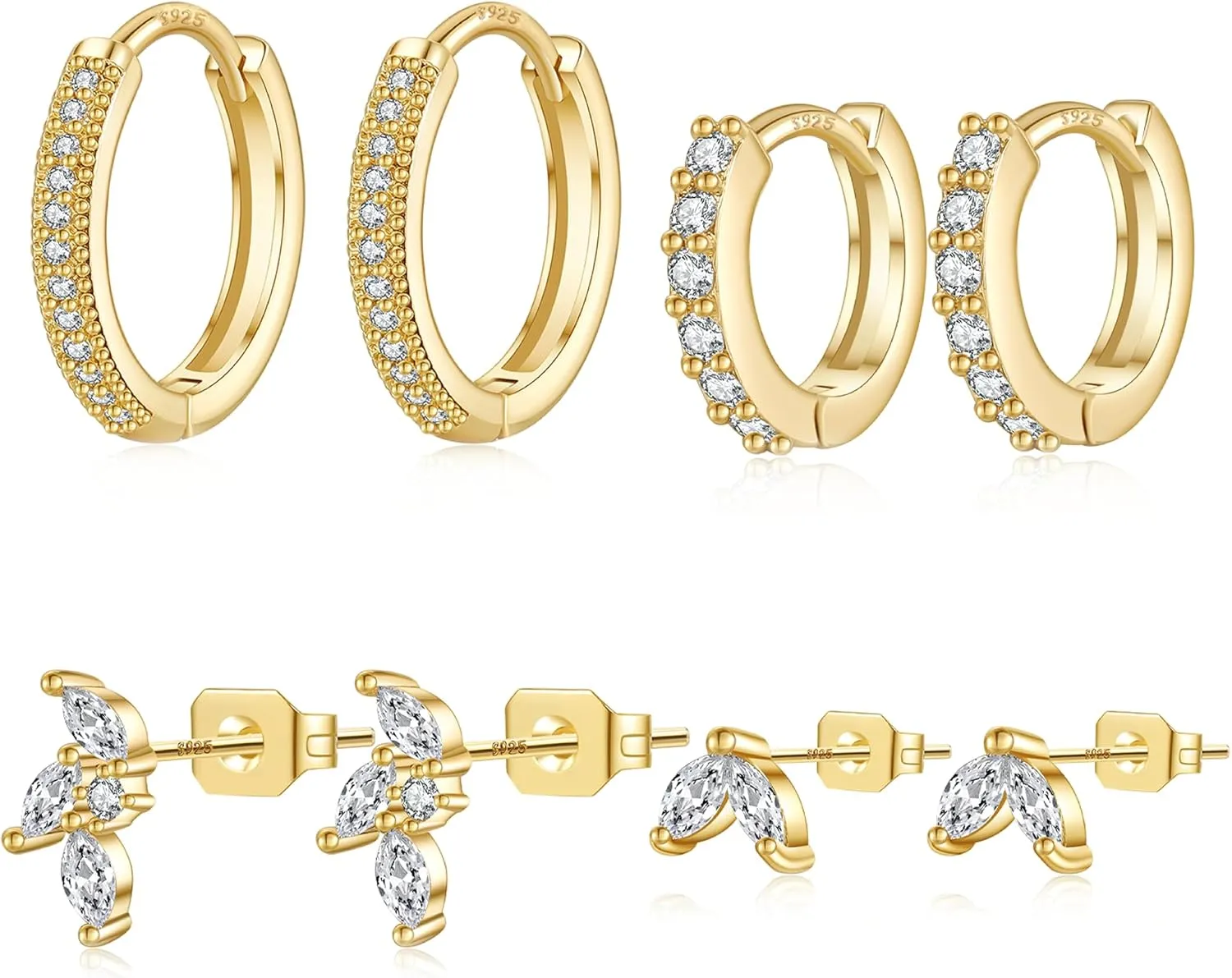 8 pcs Stack Earrings Set, 4 pairs Hypoallergenic Small Huggie Hoop Earrings, 18k Gold plated, Cubic Zirconia, Dainty Stud Earrings, Multiple Piercing, Silver posts, Trendy Jewelry for Women, Gift Box