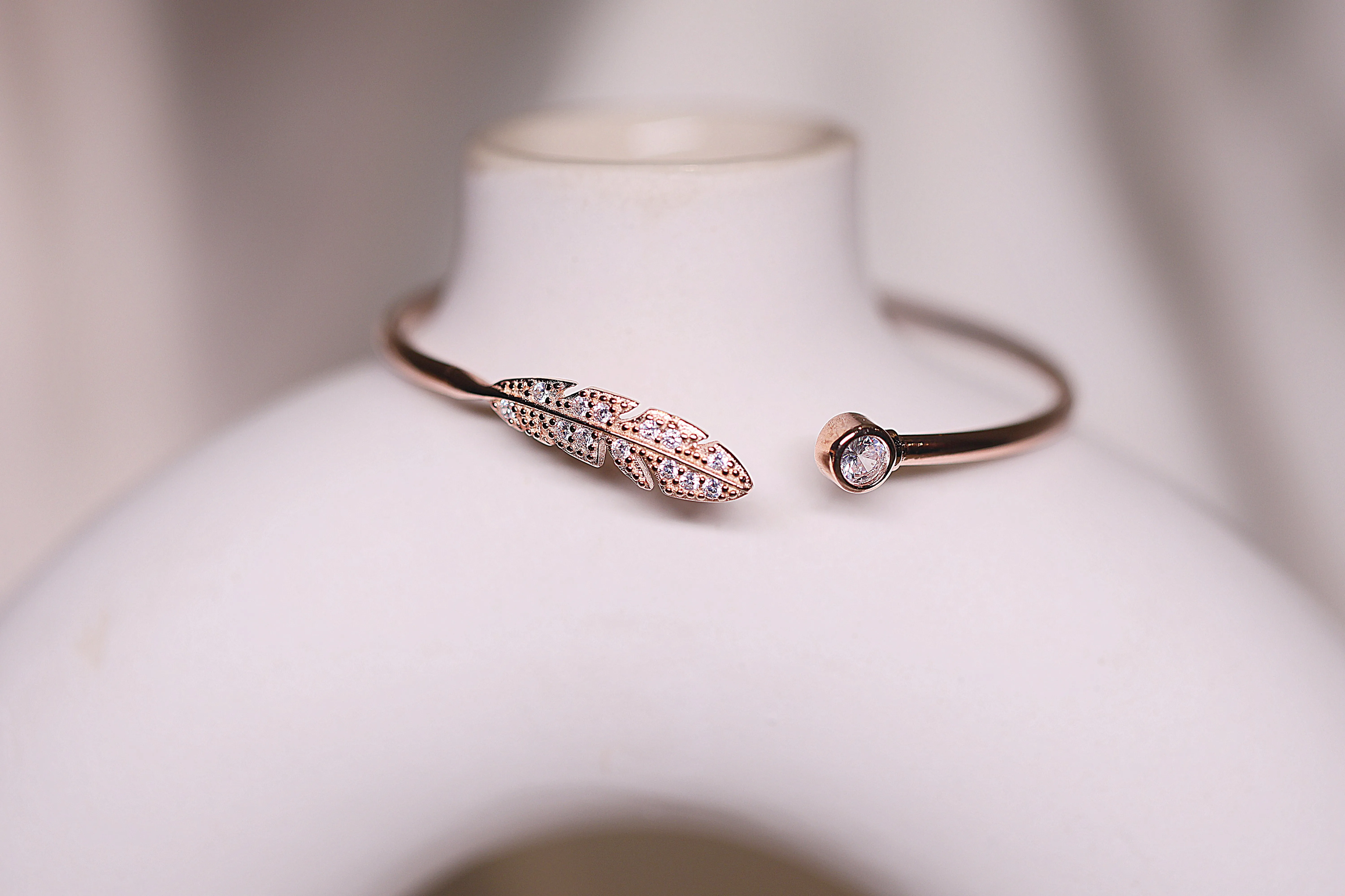 92.5 Silver Feather rose gold open bangle bracelet