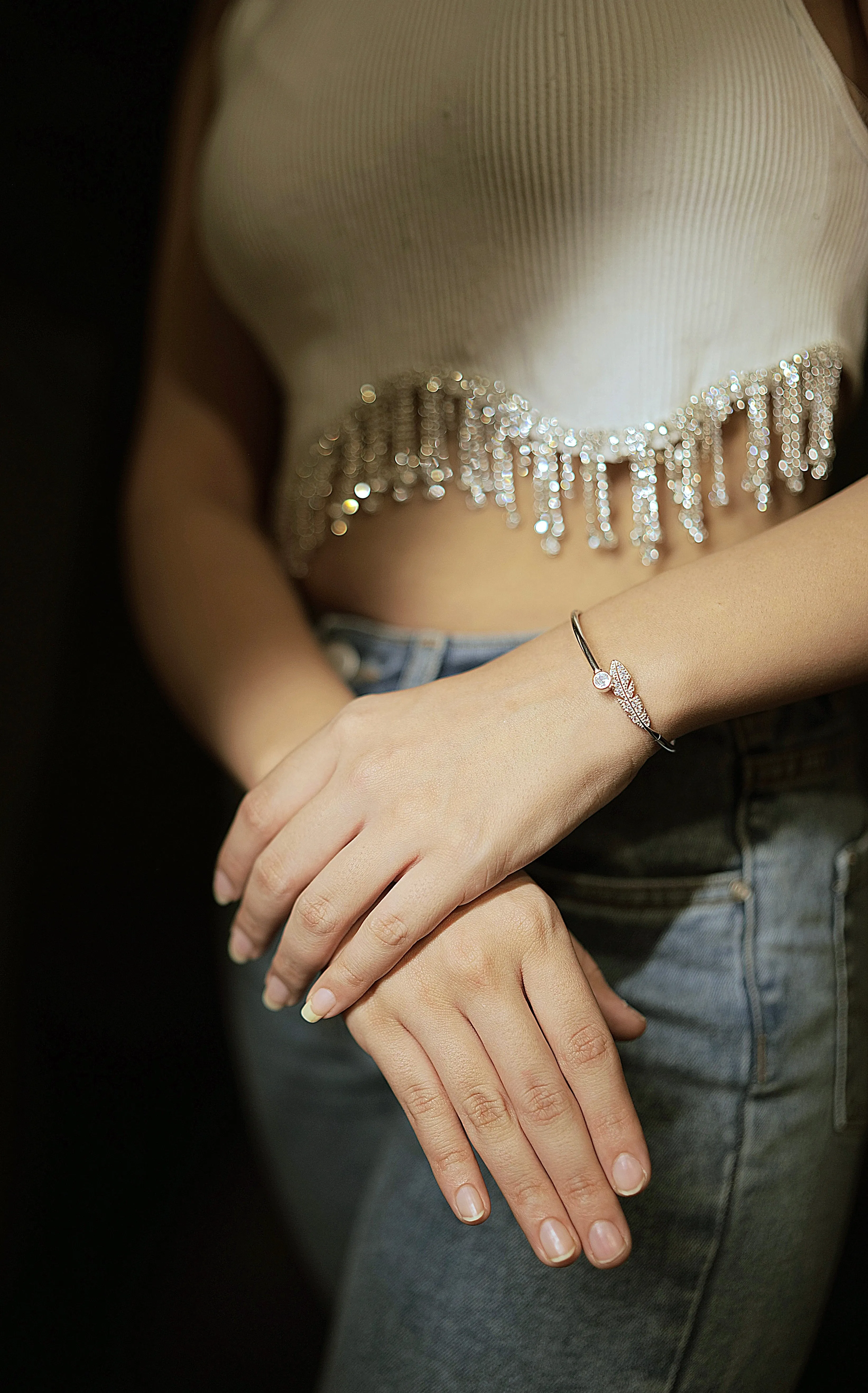 92.5 Silver Feather rose gold open bangle bracelet