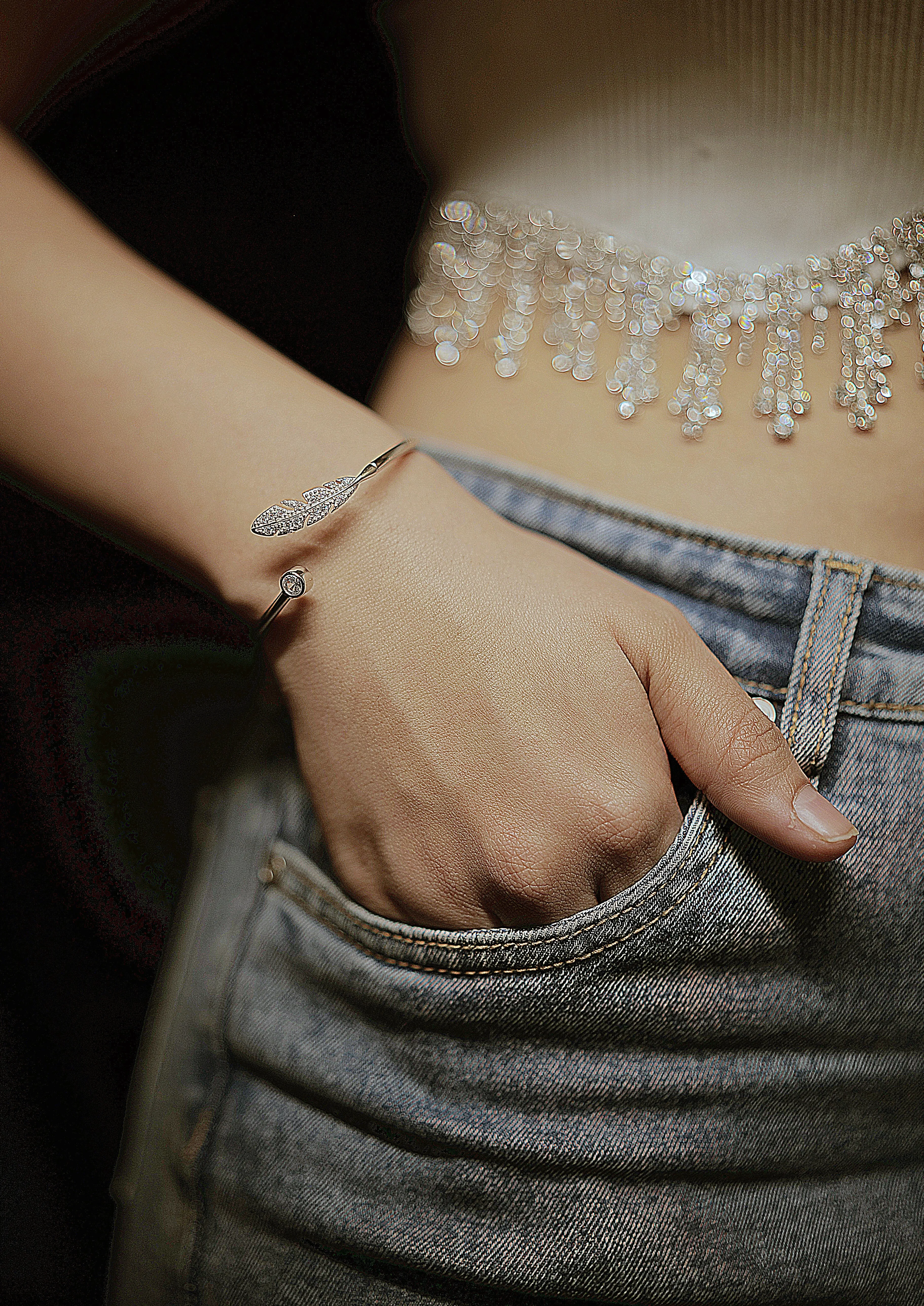 92.5 Silver Feather rose gold open bangle bracelet